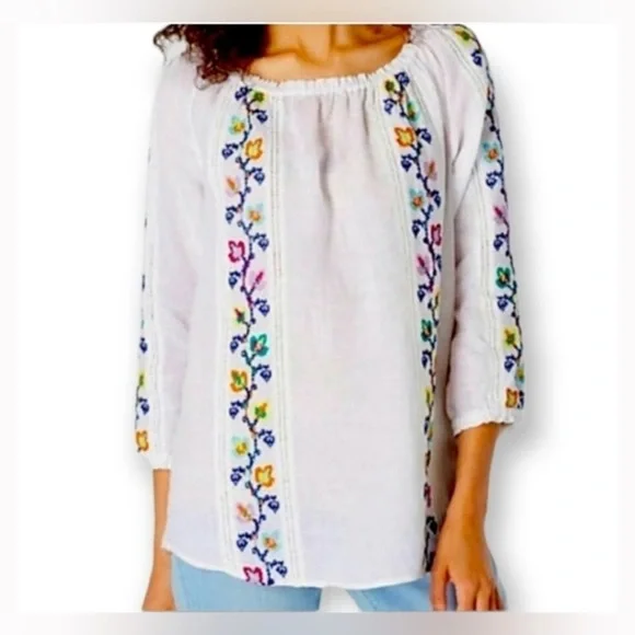 J Jill linen embroidered flowy whimsical white floral blouse size L luxury chic - Picture 1 of 9